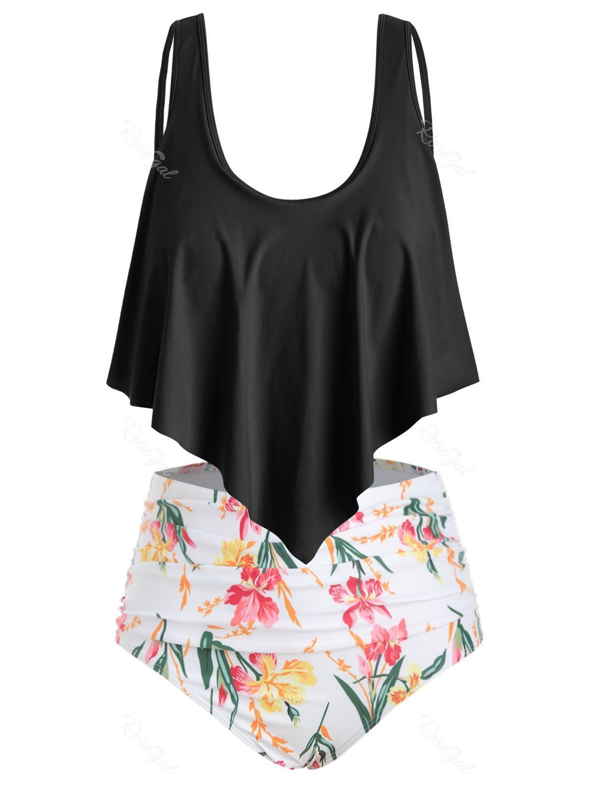 

Flounce Floral Ruched Plus Size Bikini Set, Black