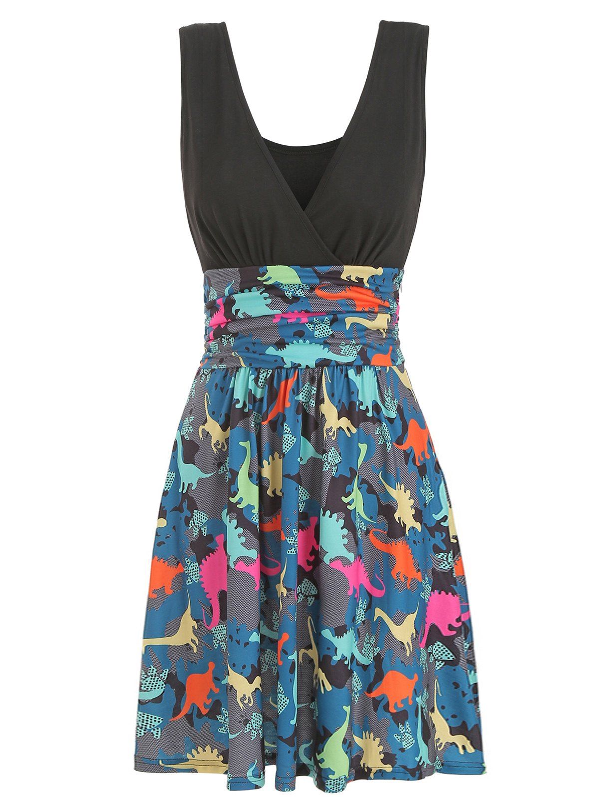 

V Neck Ruched Dinosaur Print Sleeveless Dress, Black