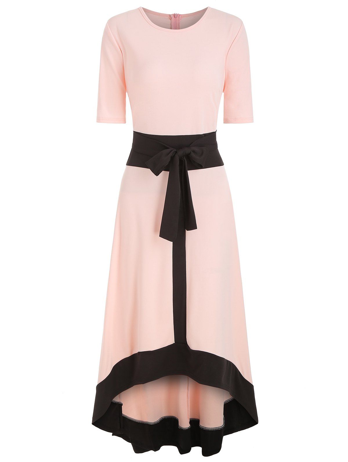 

Round Neck Belted High Low Dress, Pink