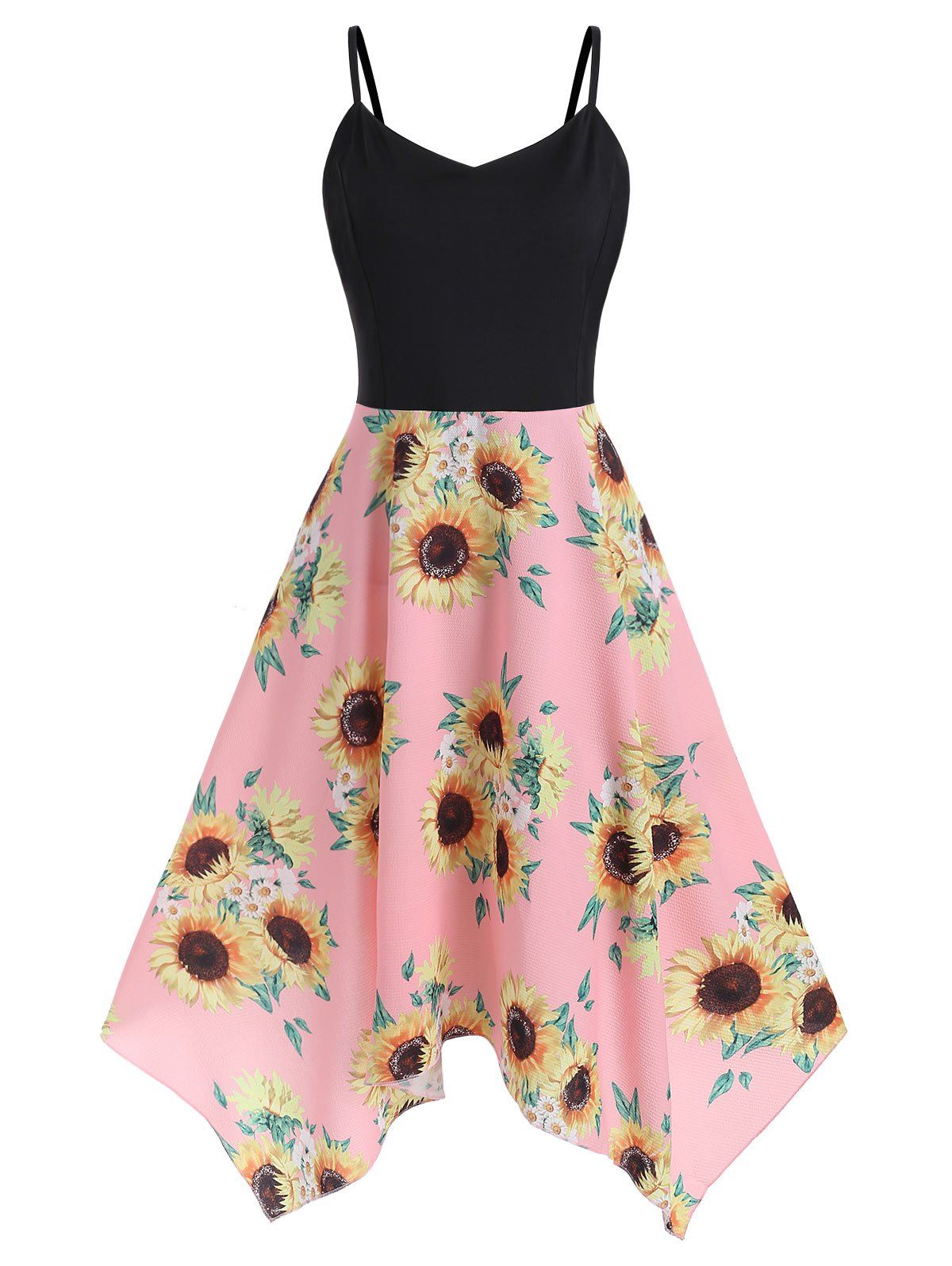 

Sunflower Print Handkerchief Plus Size Midi Dress, Multi-b