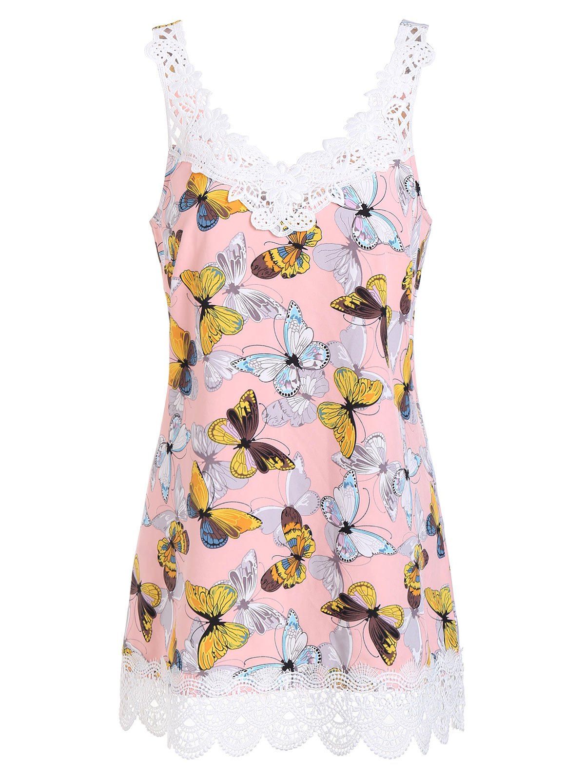 

Butterfly Print Lace Trim Tank Top, Multi-e