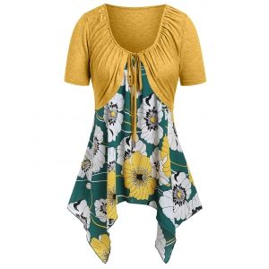 

Plus Size Floral Print Handkerchief Two Piece T-shirt, Orange gold