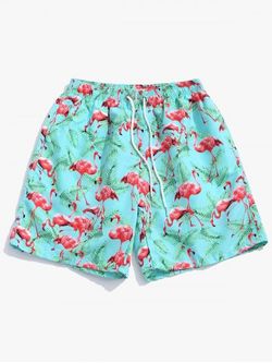Flamingo Leaf Print Beach Shorts - MULTI-J - XS