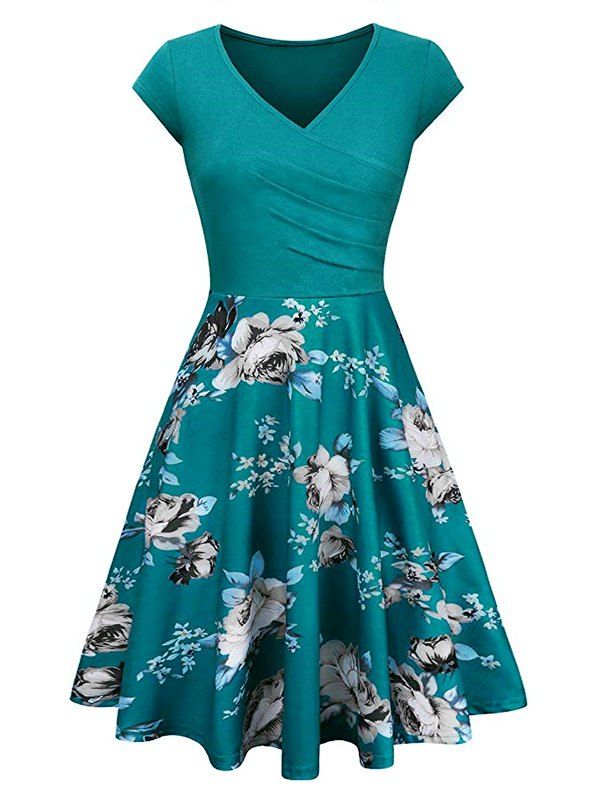 

V Neck Floral Print Vintage Surplice Dress, Greenish blue