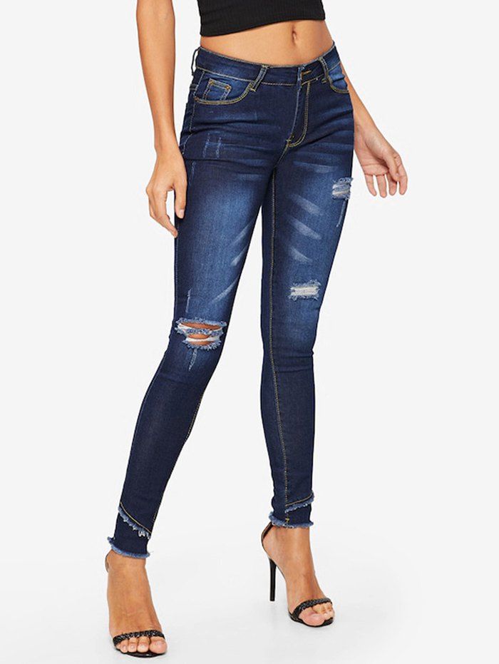 

Ripped Frayed Hem Zipper Fly Jeans, Deep blue