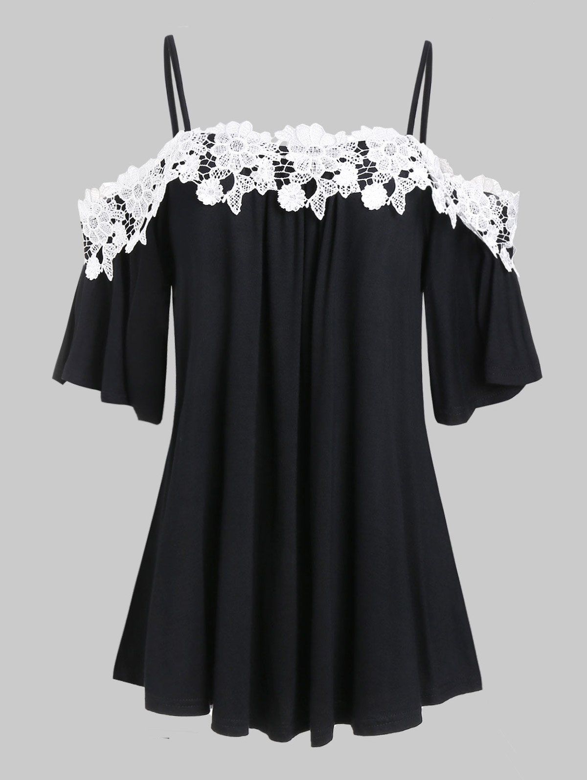 

Applique Panel Open Shoulder Tunic Tee, Black