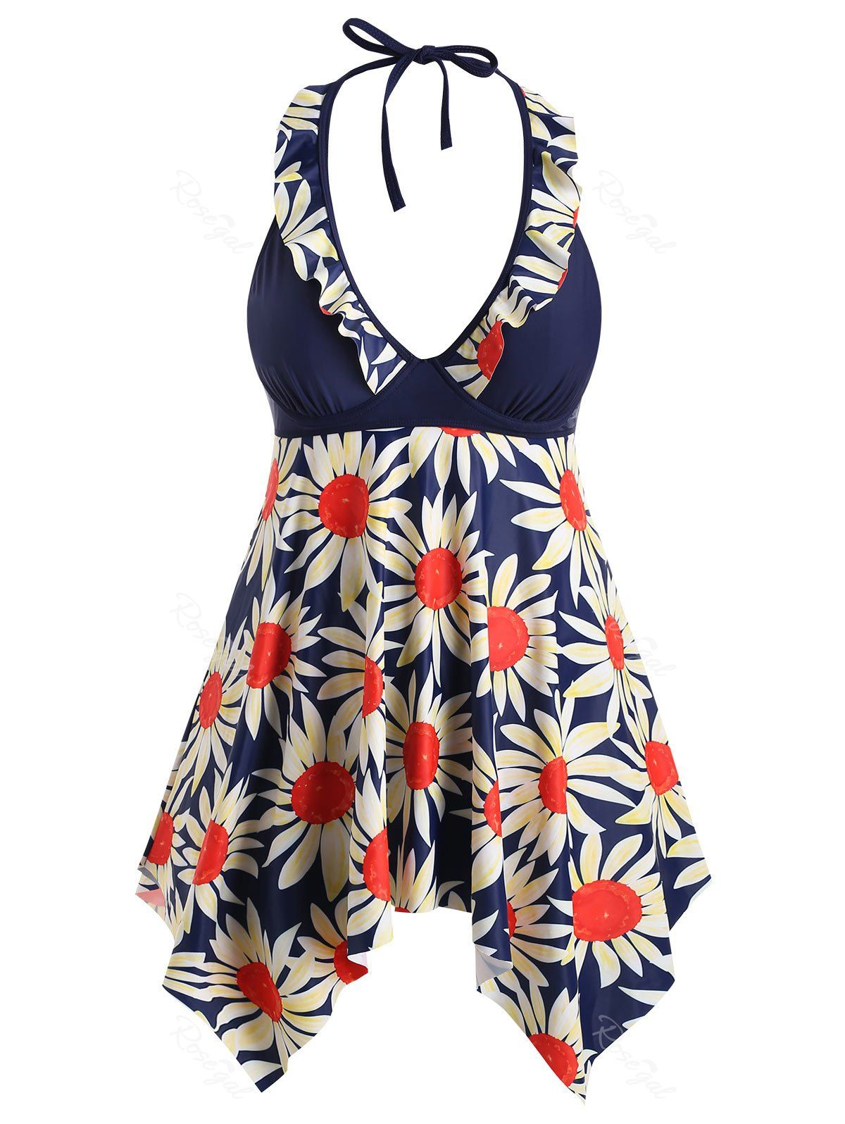 

Halter Sunflower Print Plus Size Skirted Tankini Set, Multi-a