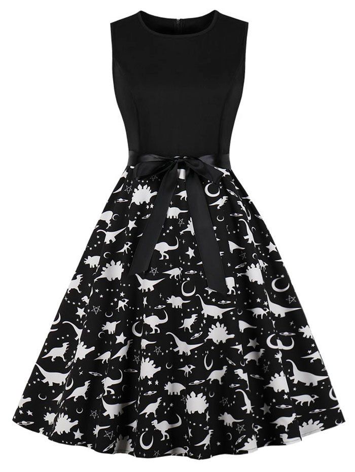 

Dinosaur Print Sleeveless Vintage Dress, Multi-a