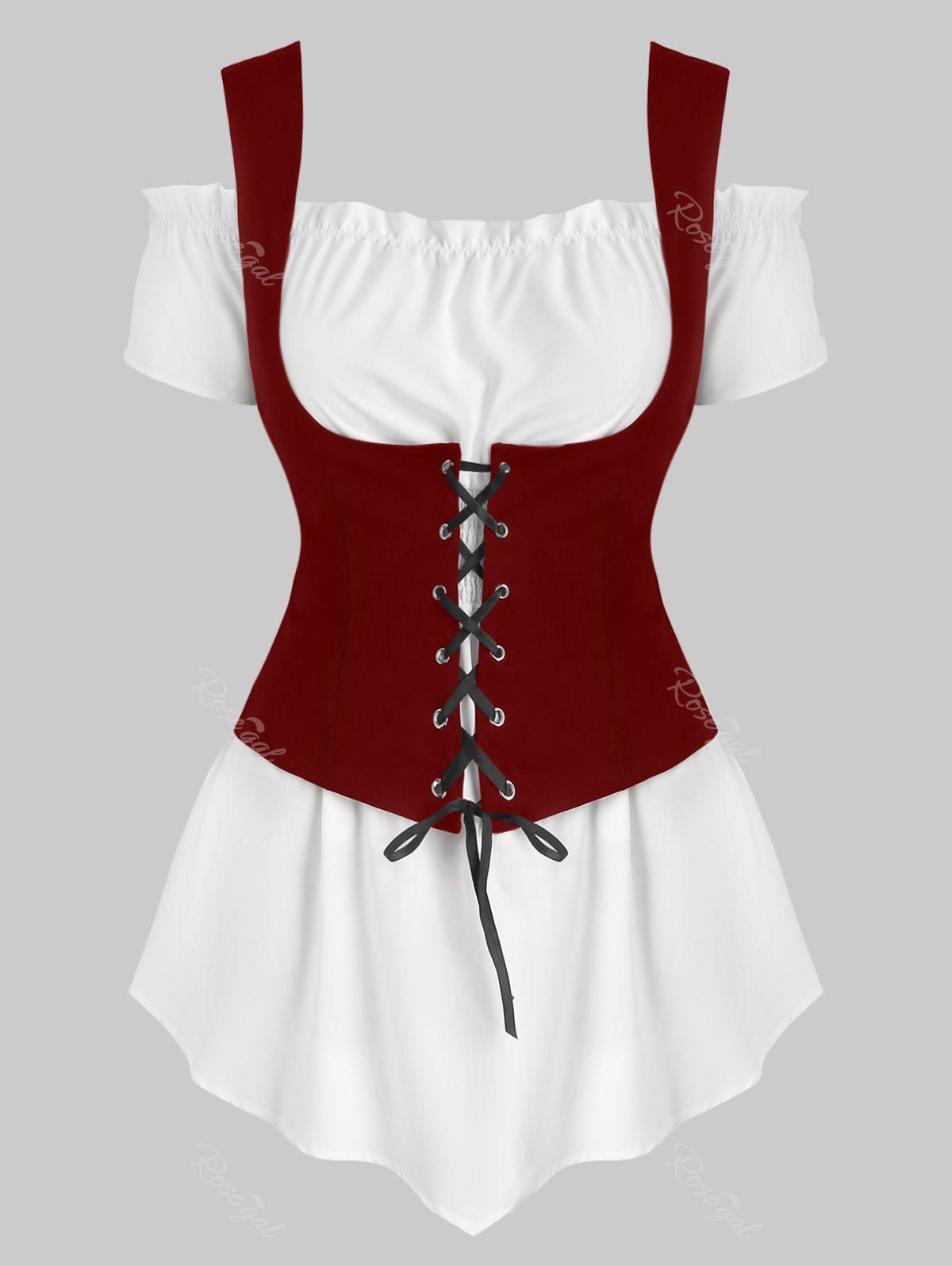 

Plus Size Renaissance Bodice and Shirred Blouse Set, Red wine