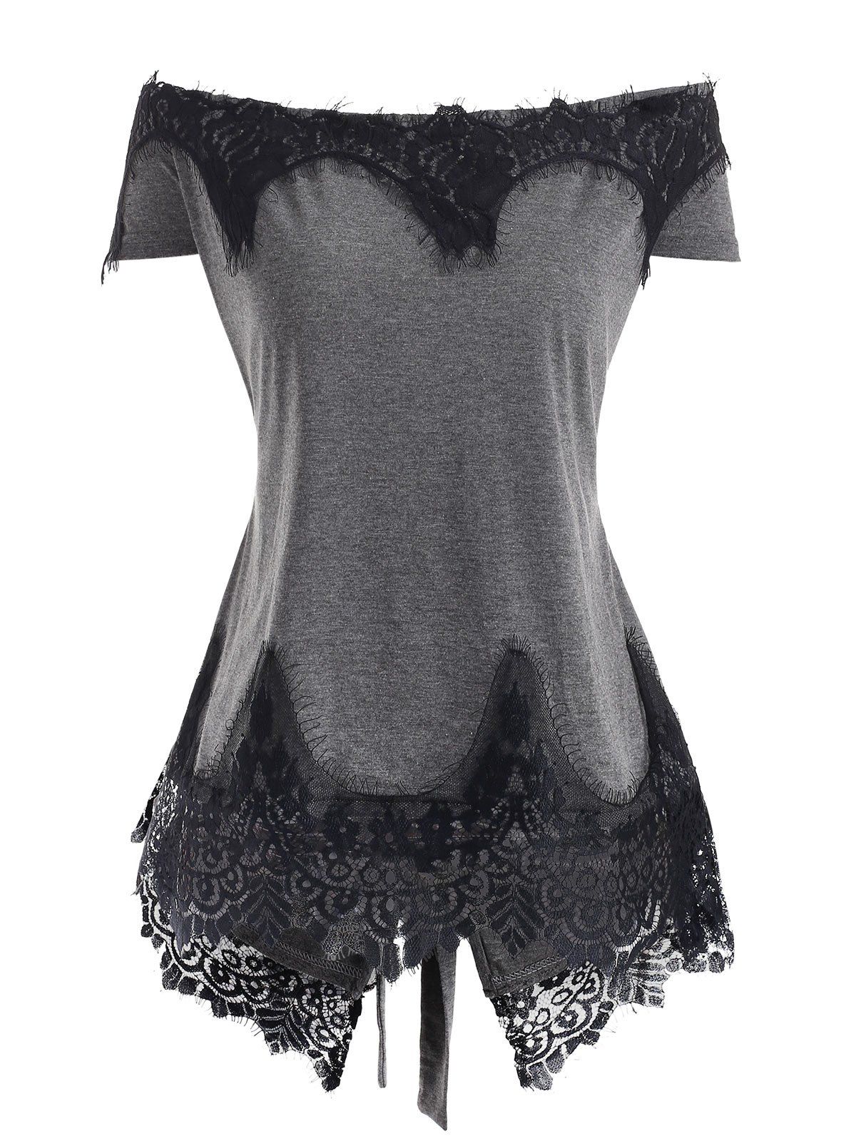 

Slit Off Shoulder Lace Panel Plus Size Tee, Gray