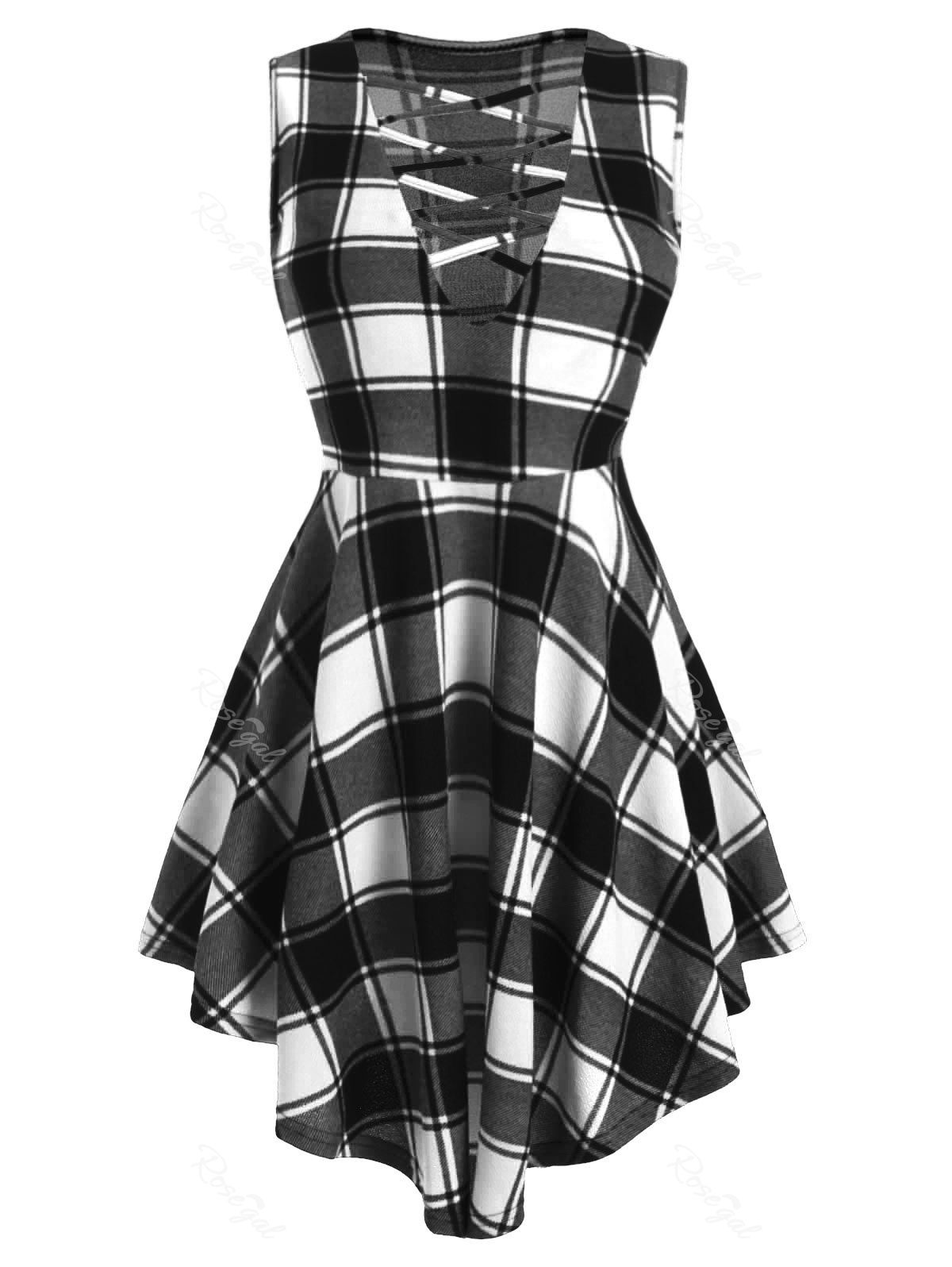 

Plus Size Tartan Strappy Asymmetrical Tank Top, Black