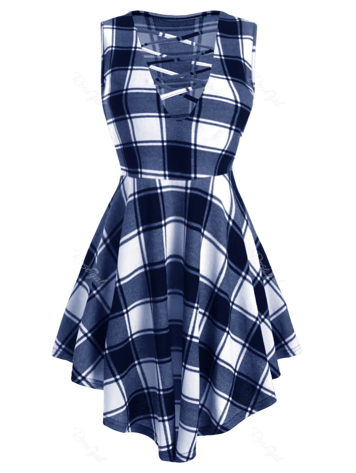 

Plus Size Tartan Strappy Asymmetrical Tank Top, Midnight blue