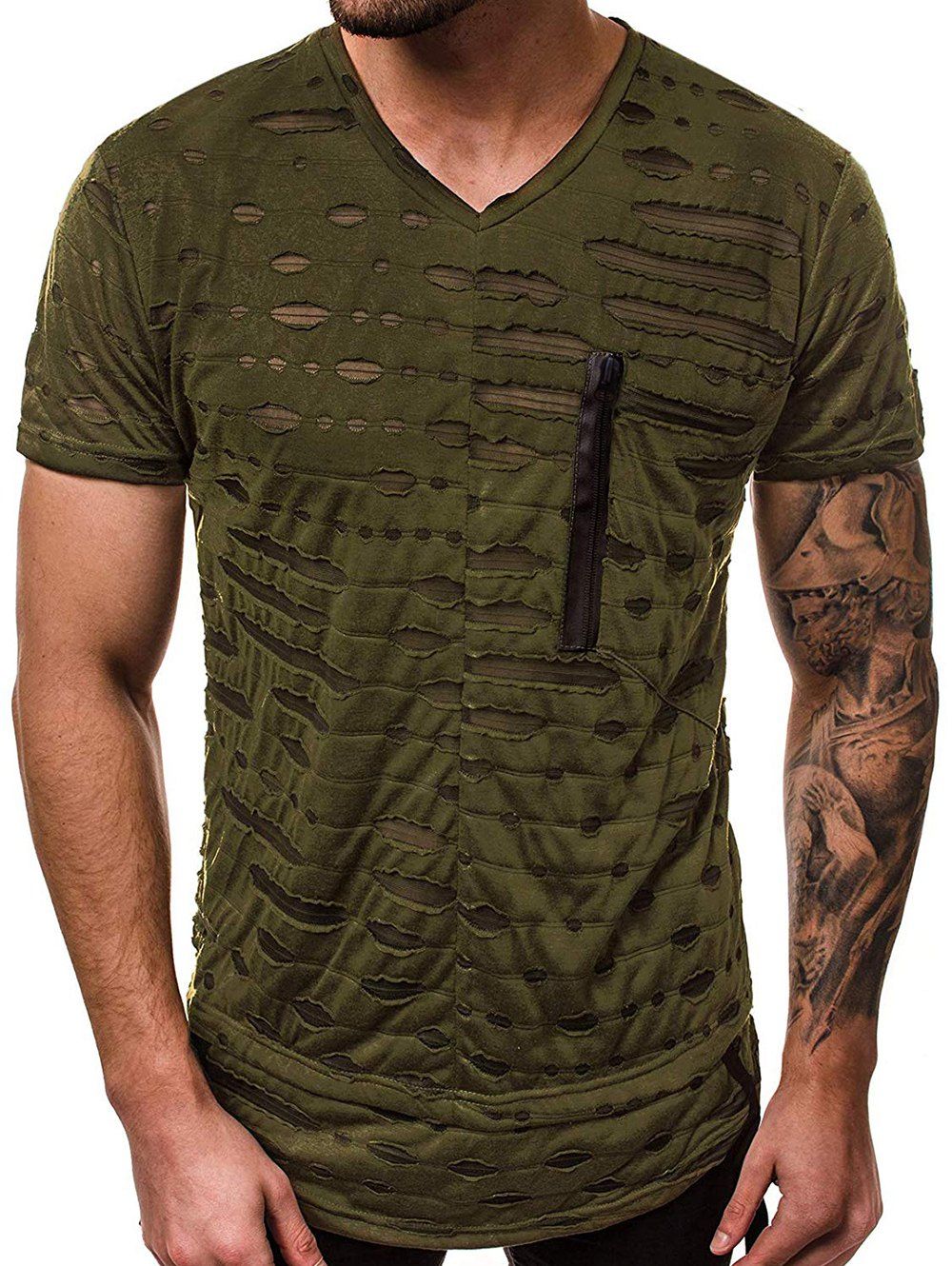 

Hollow Out Patchwork Short Sleeves T-shirt, Army green