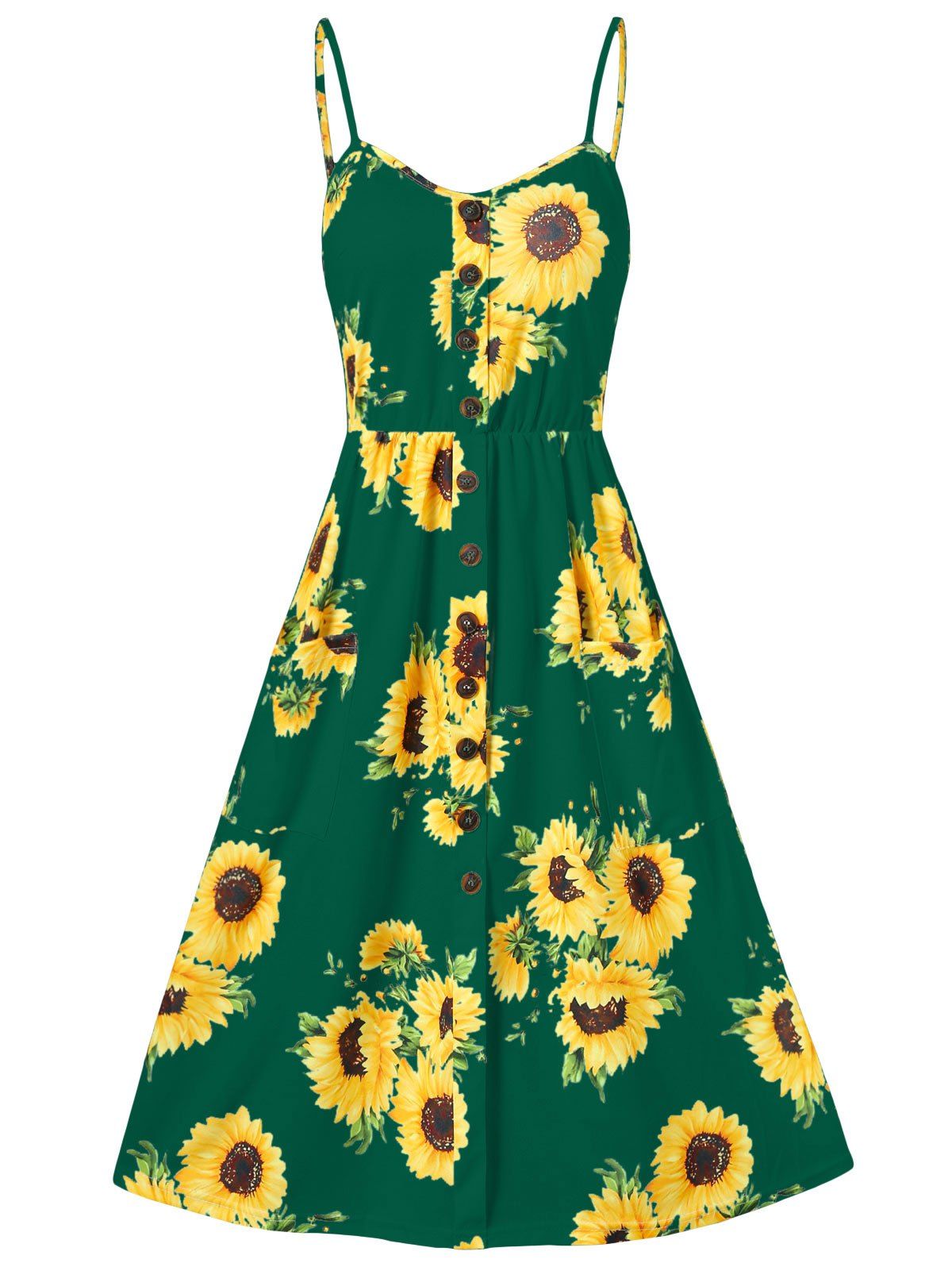 

Spaghetti Strap Sunflower Print Buttoned Mini Dress, Deep green
