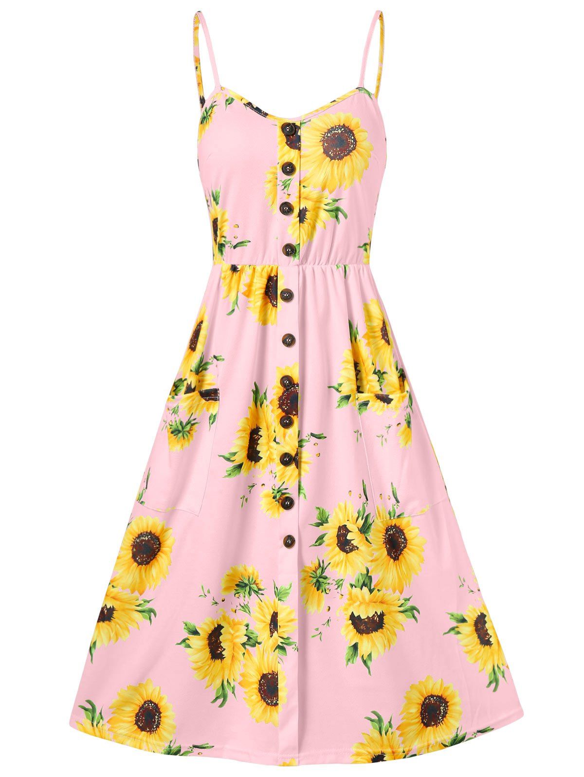 

Spaghetti Strap Sunflower Print Buttoned Mini Dress, Sakura pink