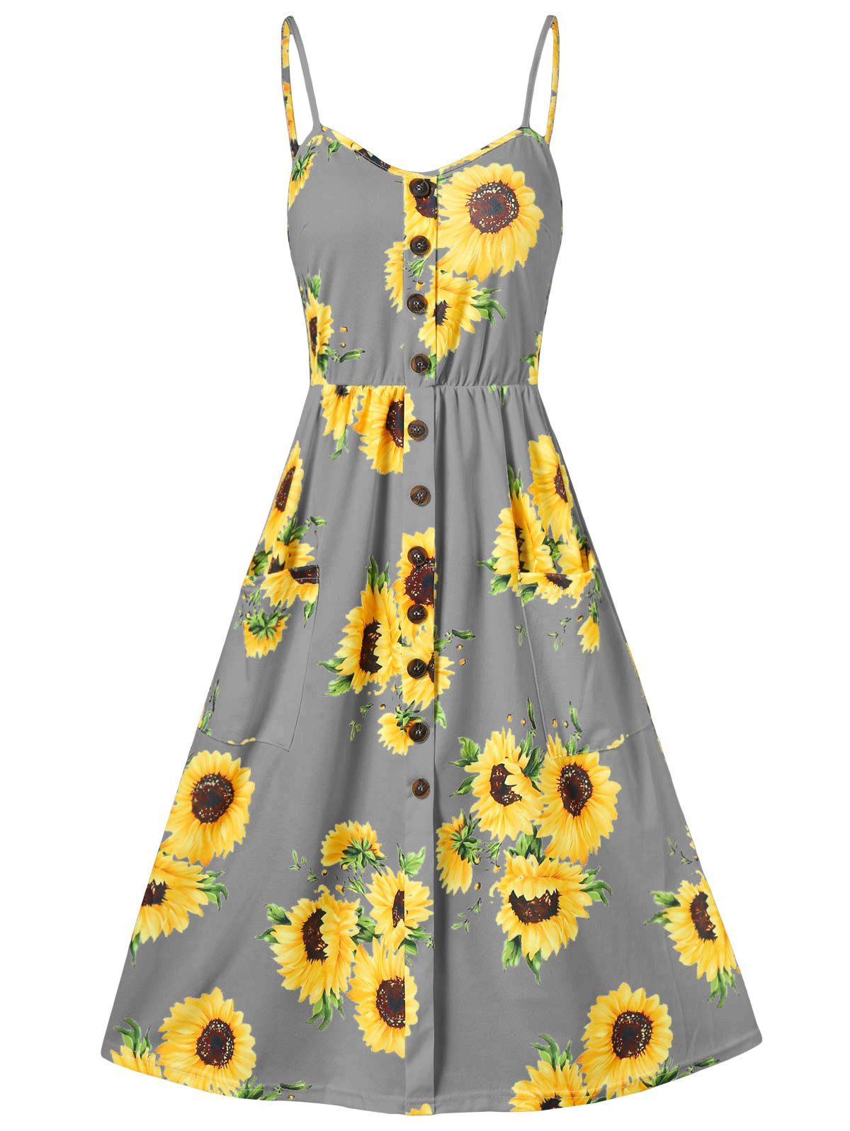 

Spaghetti Strap Sunflower Print Buttoned Mini Dress, Dark gray
