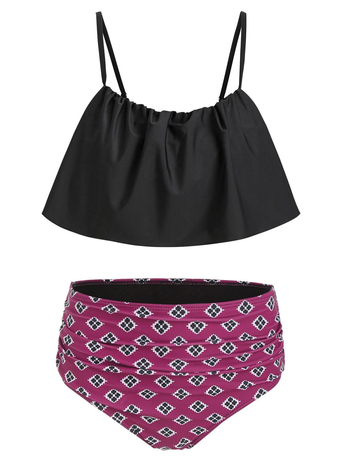 

Geometric Print Ruched Flounce Bikini Set, Black