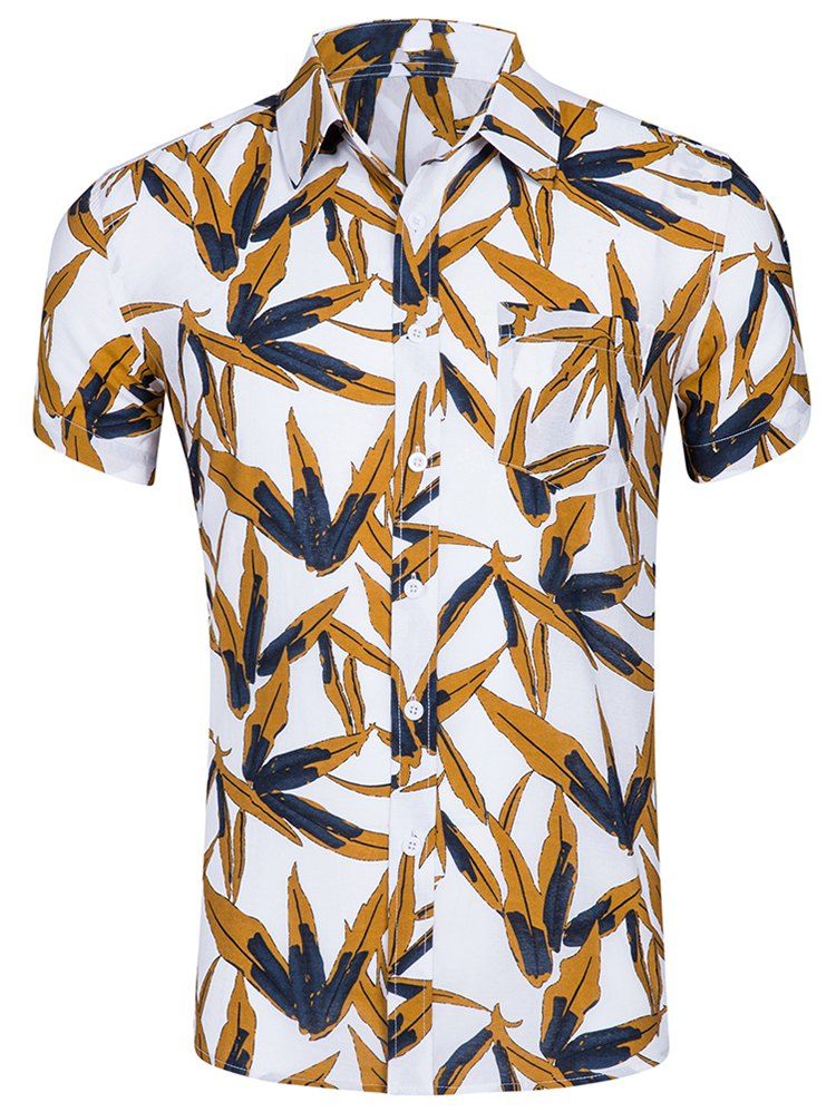 

Leaf Print Pocket Decoration Short Sleeves Shirt, White