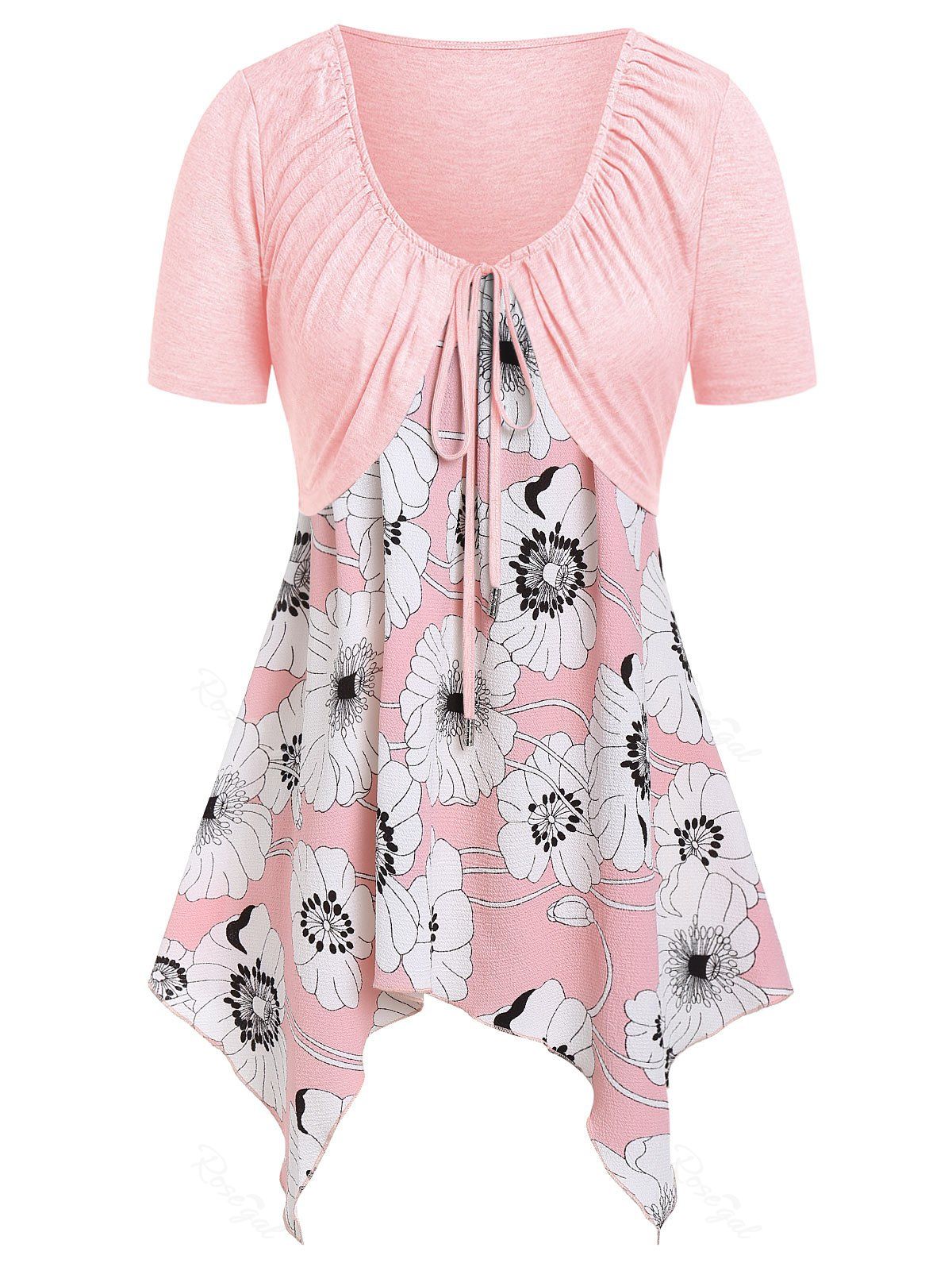 

Plus Size Floral Print Handkerchief Two Piece T-shirt, Pig pink