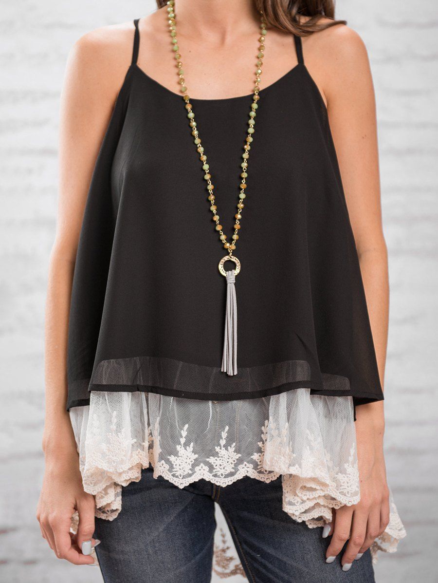 

Mesh Panel Casual Cami Top, Black