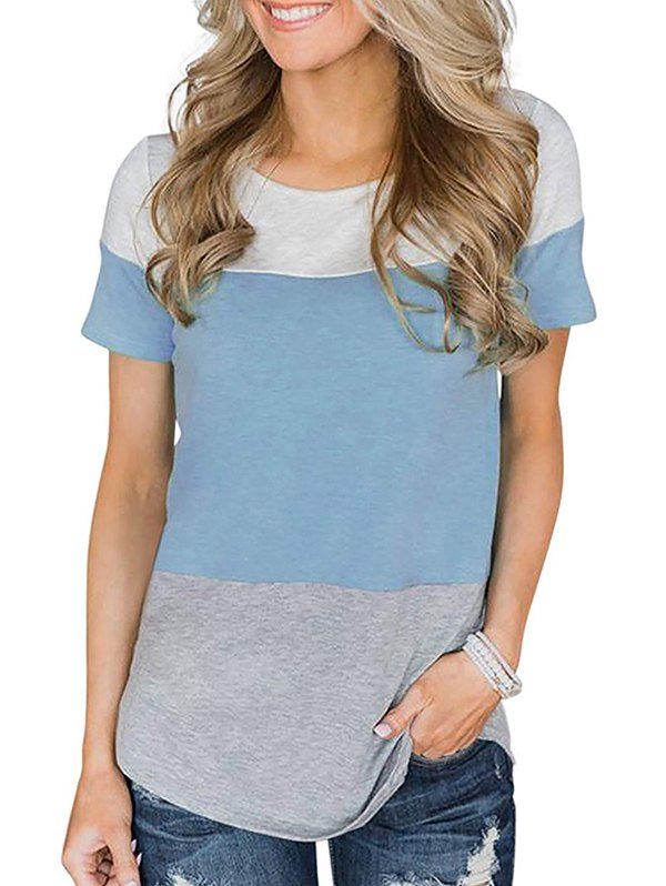 

Lace Panel Color Block Round Hem Tee, Sea blue
