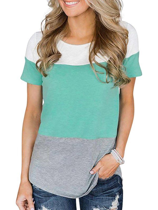 

Lace Panel Color Block Round Hem Tee, Light aquamarine