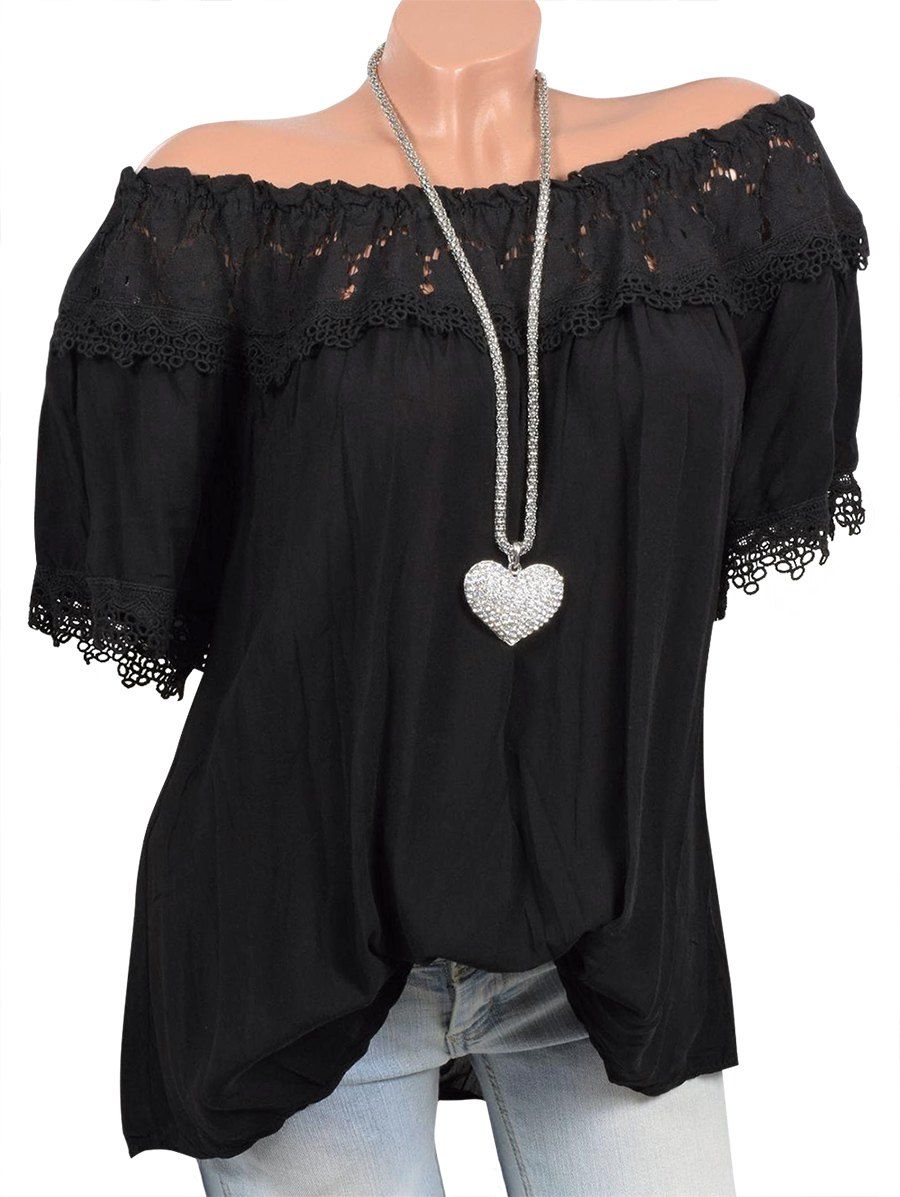 

Off Shoulder Lace Panel Short Sleeves Blouse, Black