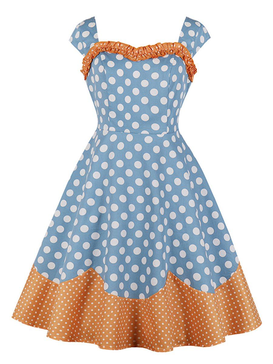 

Frilled Polka Dot Two Tone Vintage Dress, Blue