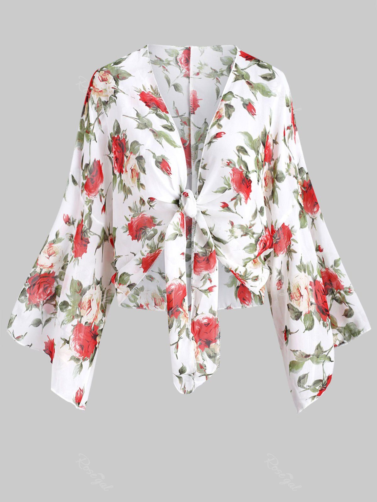 

Plus Size Front Tie Floral Cropped Blouse, White