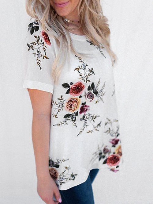 

Floral Print Round Collar Blouse, White
