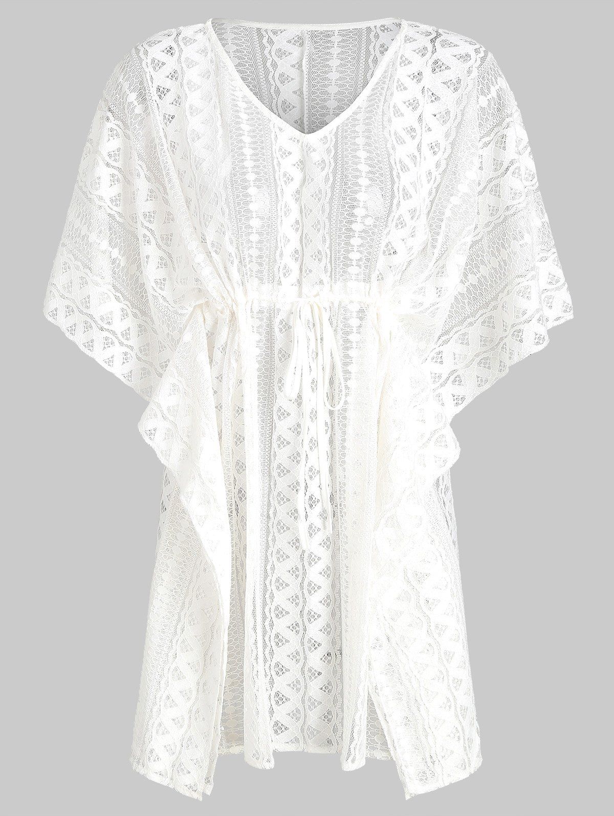 

Batwing Lace V Neck See Thru Cover Up, White