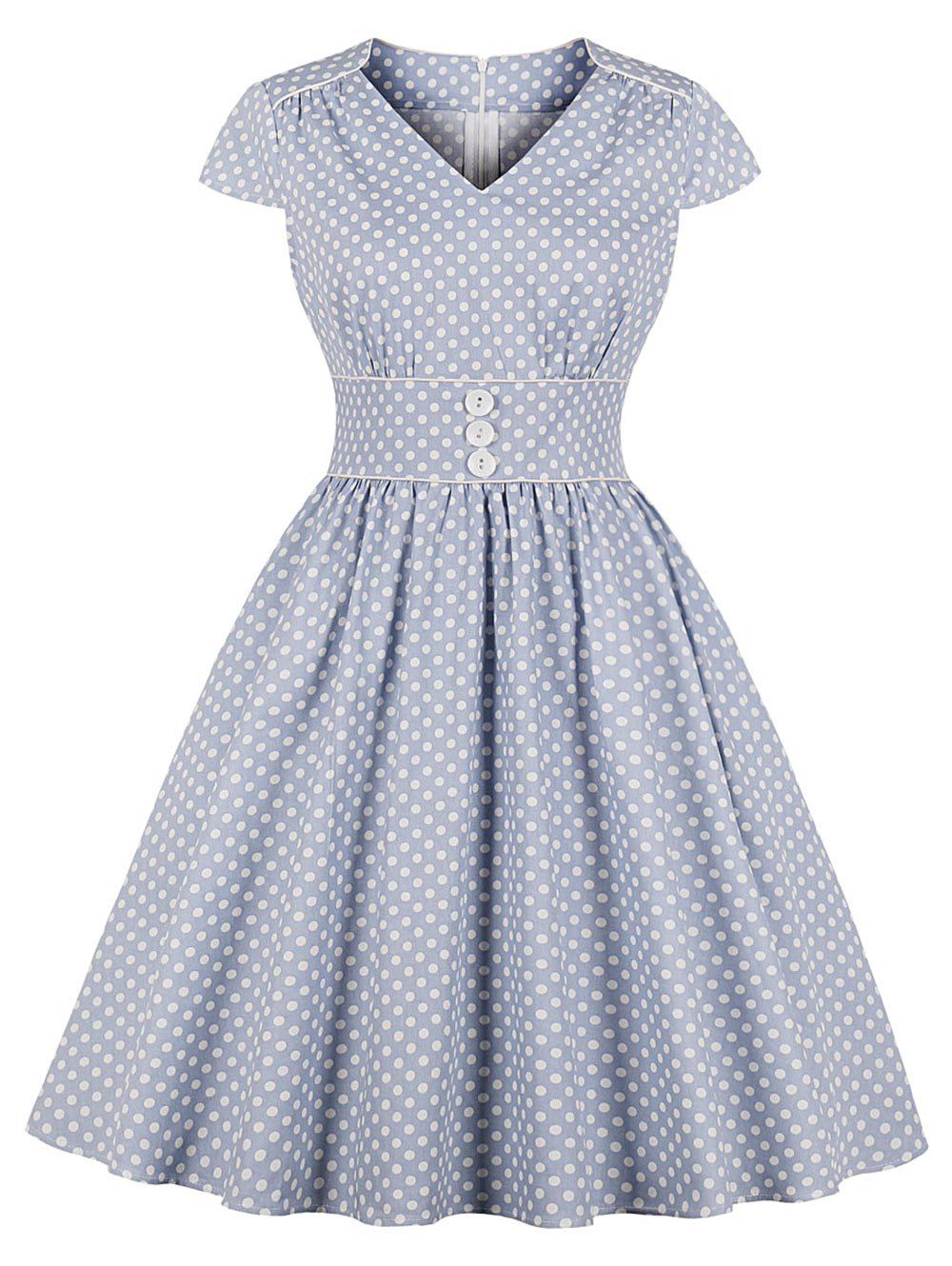 

Polka Dot Piping Button Vintage Dress, Blue gray