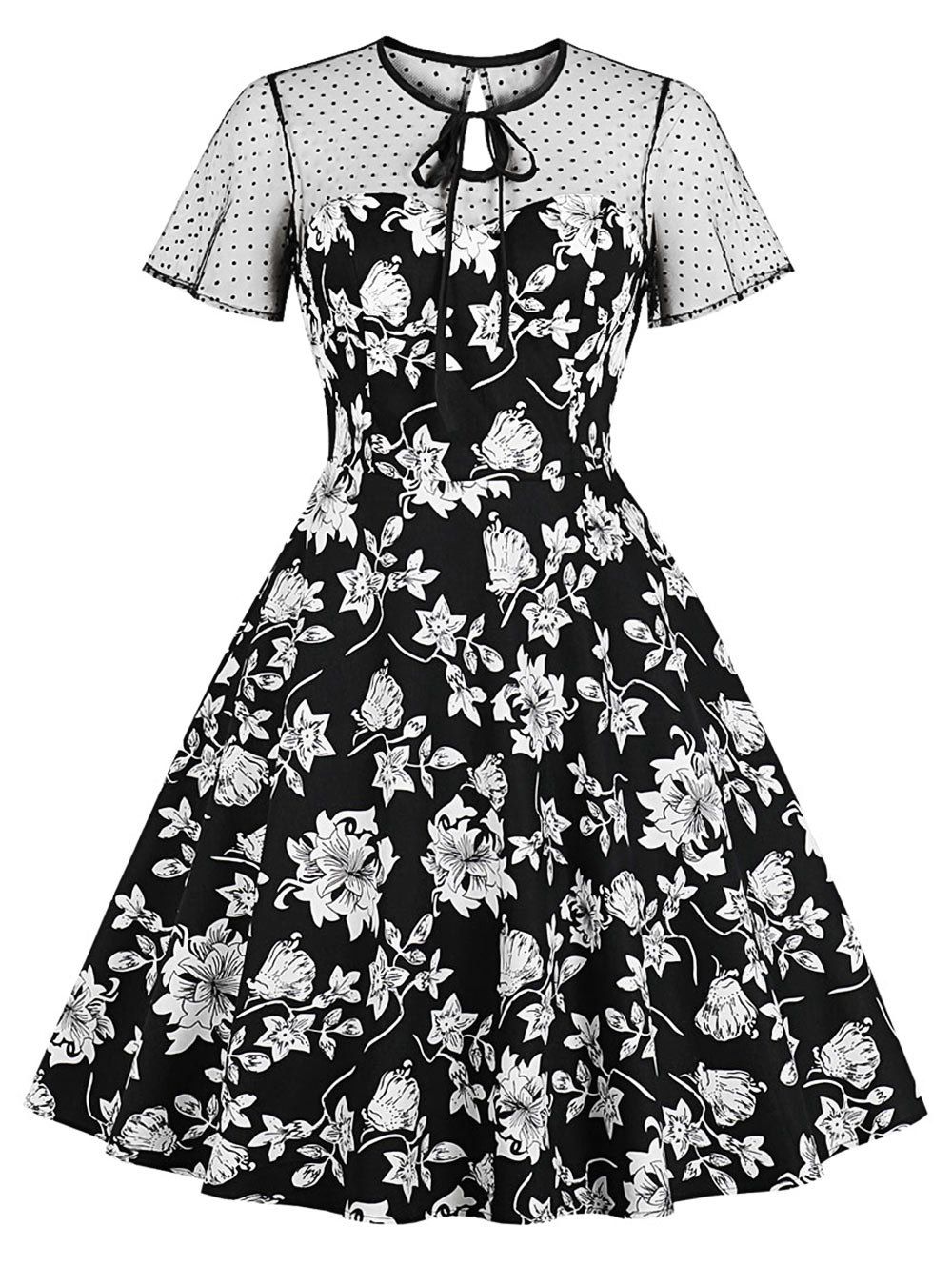 

Dotted Mesh Panel Tie Floral Vintage Dress, Black