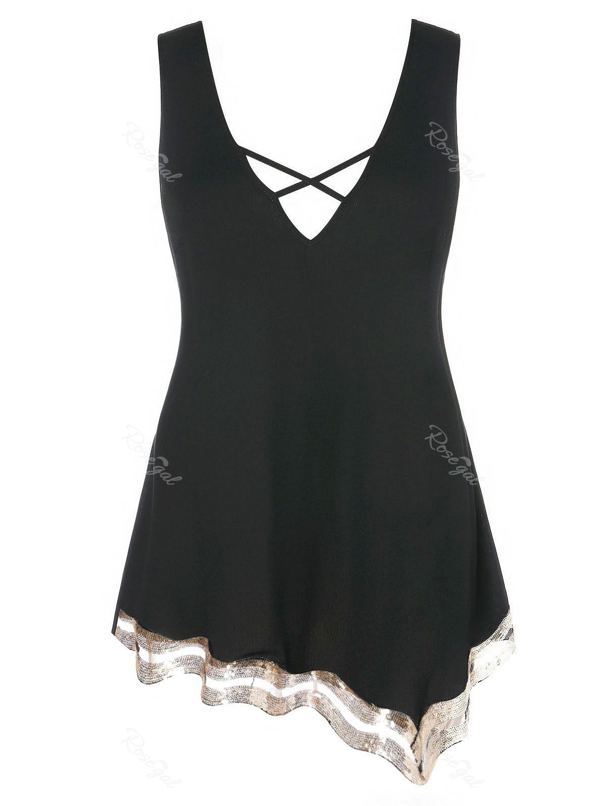 

Plus Size Glitter Asymmetric Criss Cross Tank Top, Black