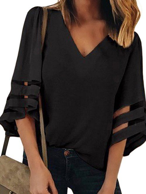 

Three Quarter Sleeves Mesh Panel Blouse, Black