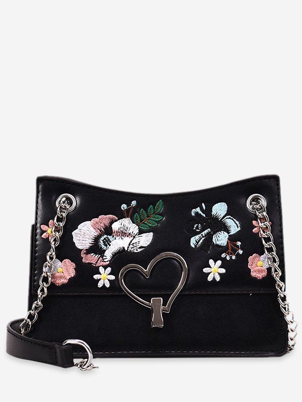 

Flower Embroidery Metal Heart Crossbody Bag, Black