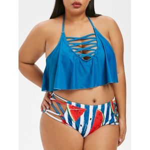 

Criss Cross Watermelon Print Ruffle Plus Size Bikini Set, Multi a