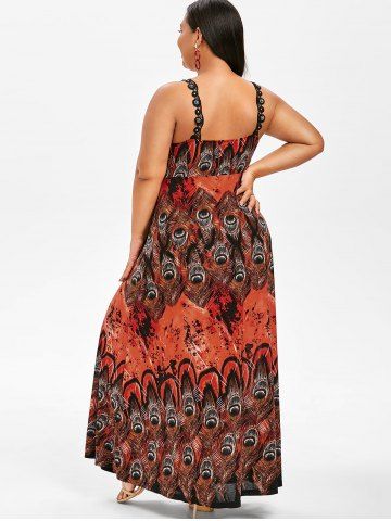 

Plus Size Lace Up Maxi Feather Print Dress, Bright orange
