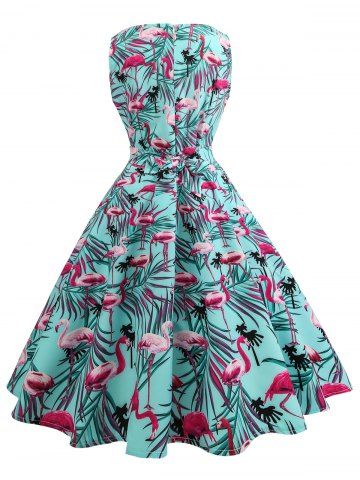 

Flamingo Print Sleeveless Belted Dress, Light aquamarine
