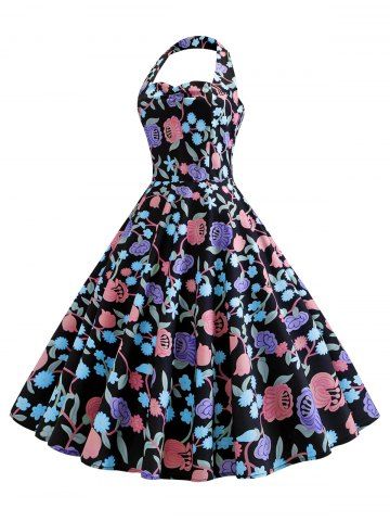 

Vintage Halter Full Print Pin Up Dress, Multi-c