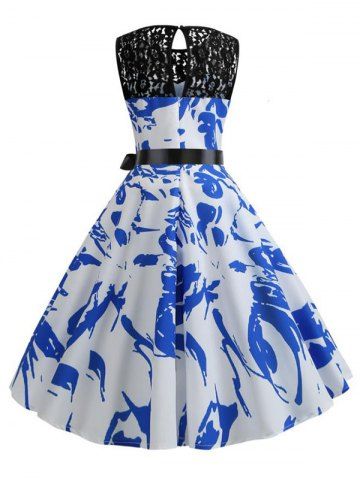 

Vintage Lace Insert Printed Pin Up Dress, Ocean blue