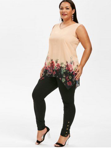 

Plus Size Asymmetrical Floral Tank Top, Deep peach