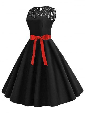 

Retro Sleeveless Lace Insert Pin Up Dress, Black
