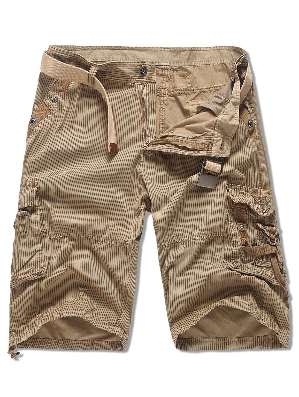 

Multi-pocket Striped Design Cargo Shorts, Khaki