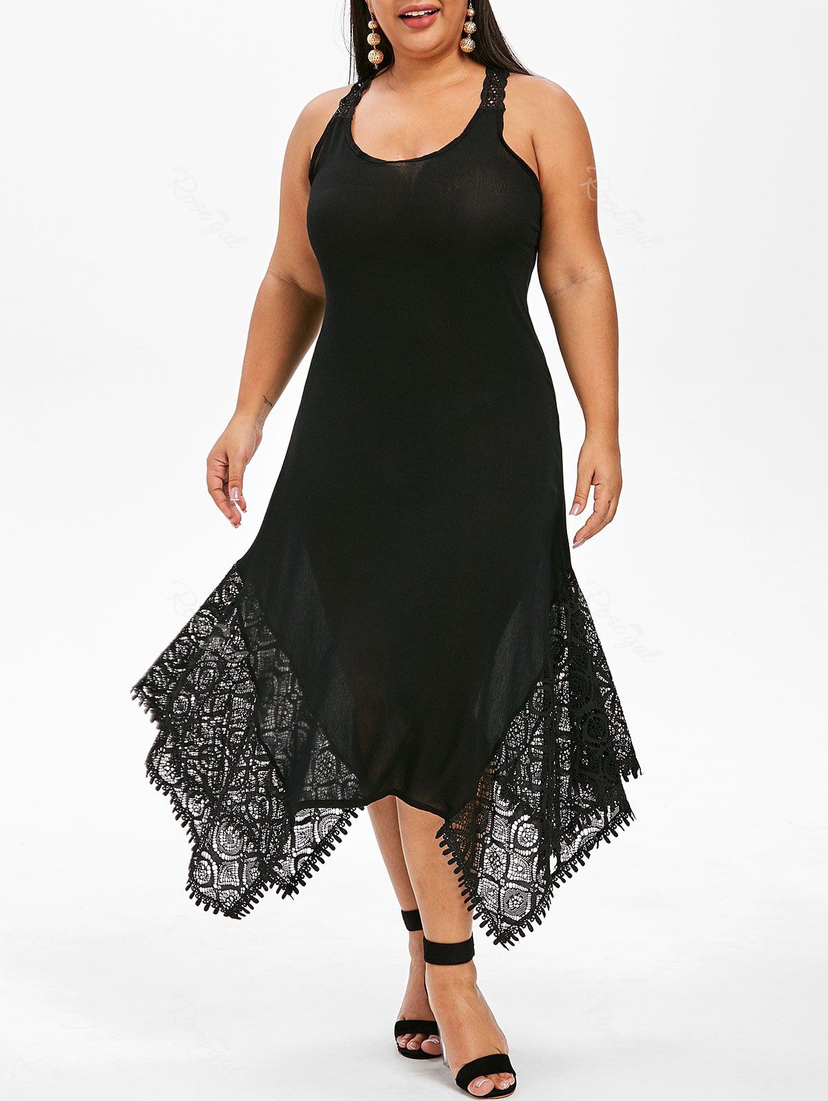 

Plus Size Lace Insert Midi Handkerchief Dress, Black