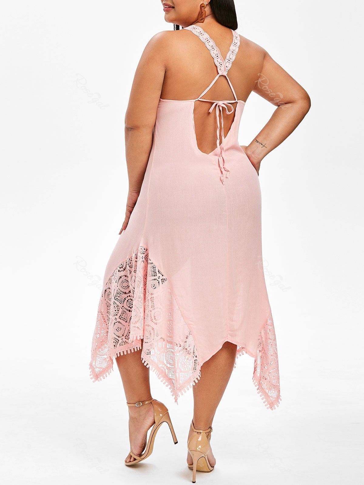 

Plus Size Lace Insert Midi Handkerchief Dress, Pink
