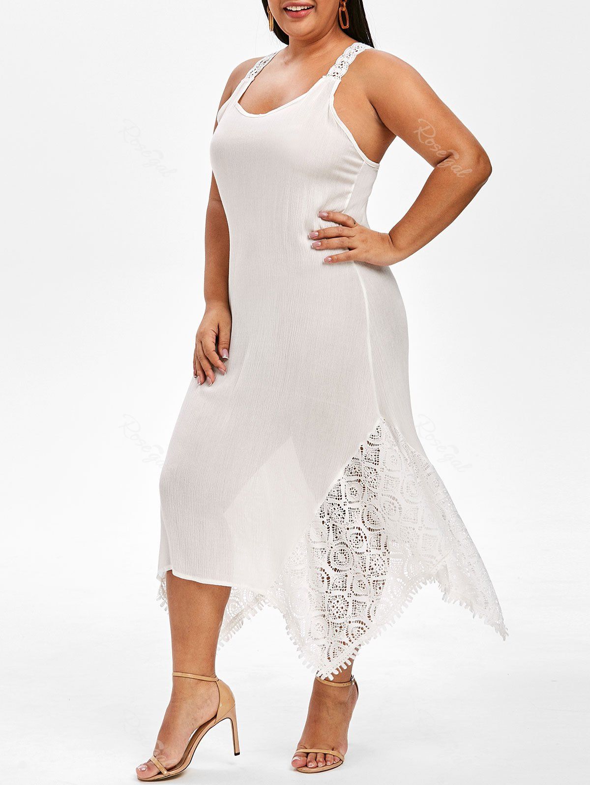 

Plus Size Lace Insert Midi Handkerchief Dress, White