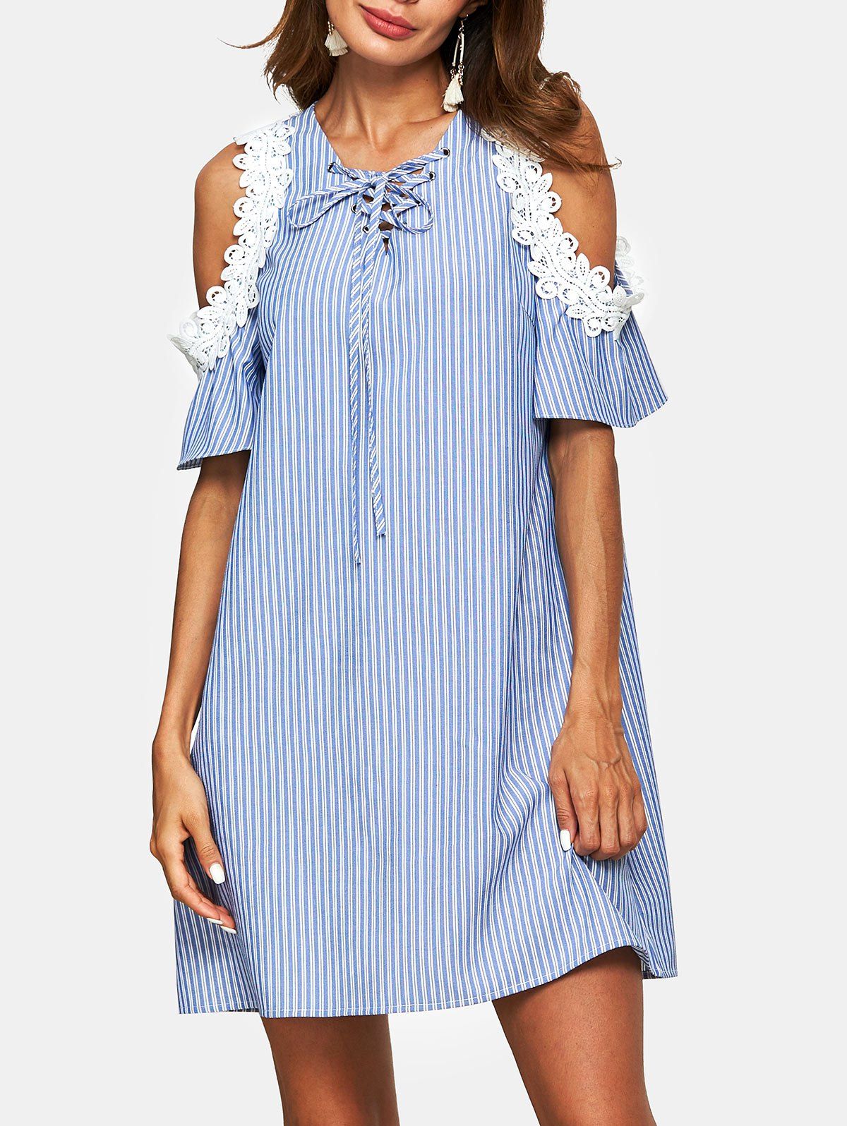 

Striped Lace Up Crochet Mini Dress, Crystal blue