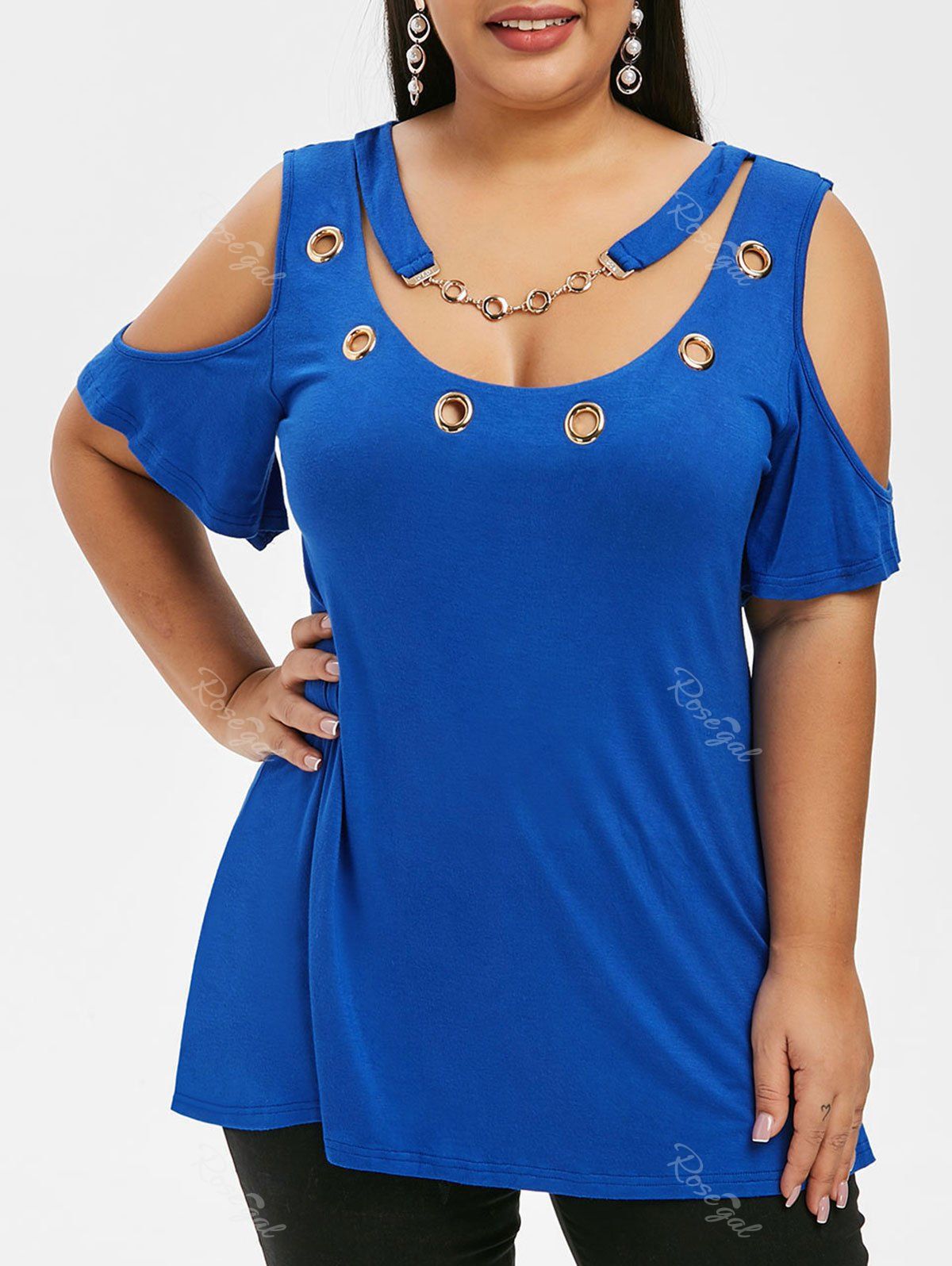 

Metal Rings Plus Size Open Shoulder T-shirt, Blue