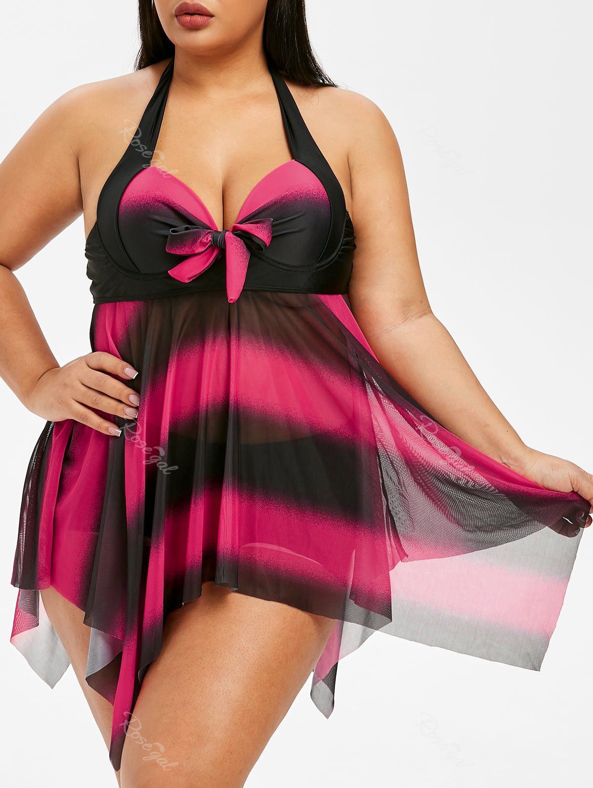 

Halter Stripes Bowknot Plus Size Tankini Set, Rose red